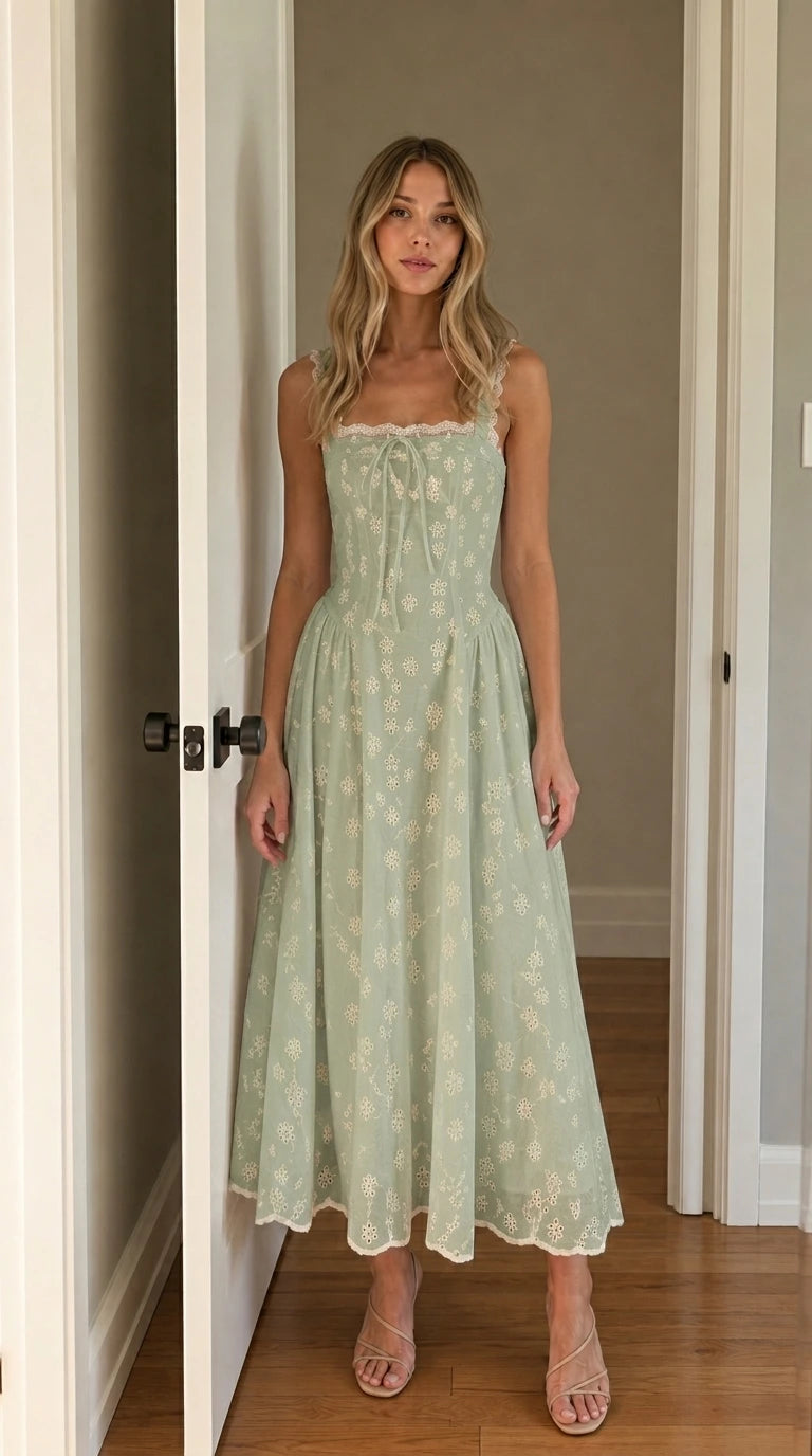 Front view of woman wearing sage green square neck eyelet midi dress