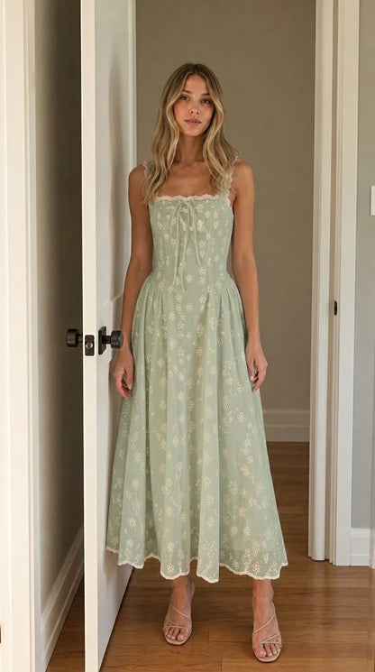 Front view of woman wearing sage green square neck eyelet midi dress