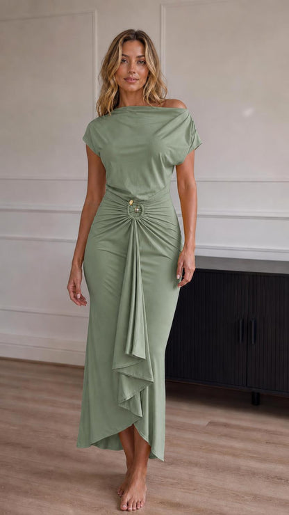 Full view of model wearing the sage green color variant
