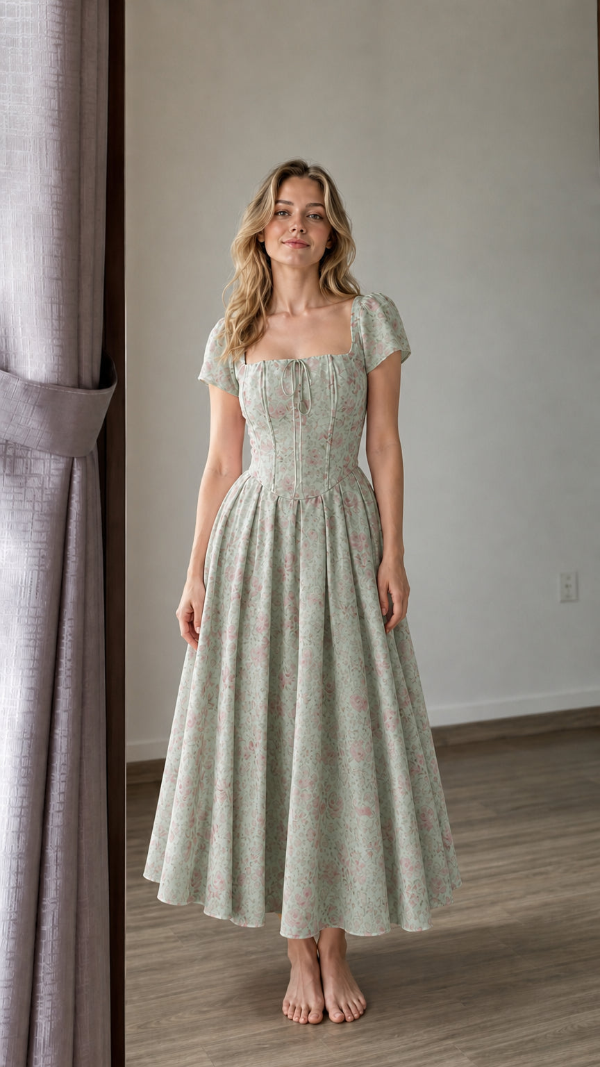 Woman wearing sage green floral midi dress
