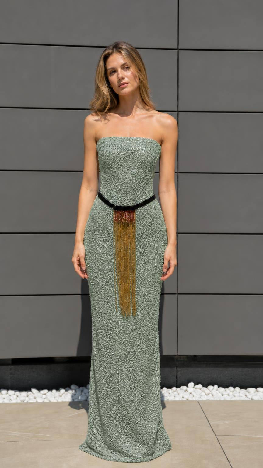 Front view of sage sequin strapless maxi dress