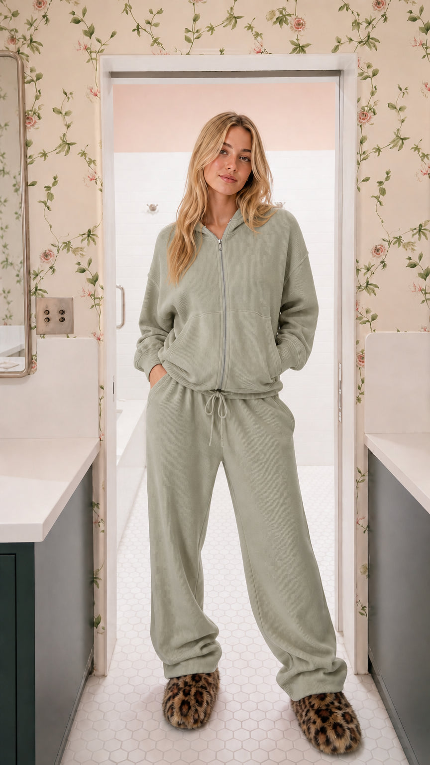 Model wearing sage green two-piece ribbed knit zip-up hoodie and wide-leg sweatpants set