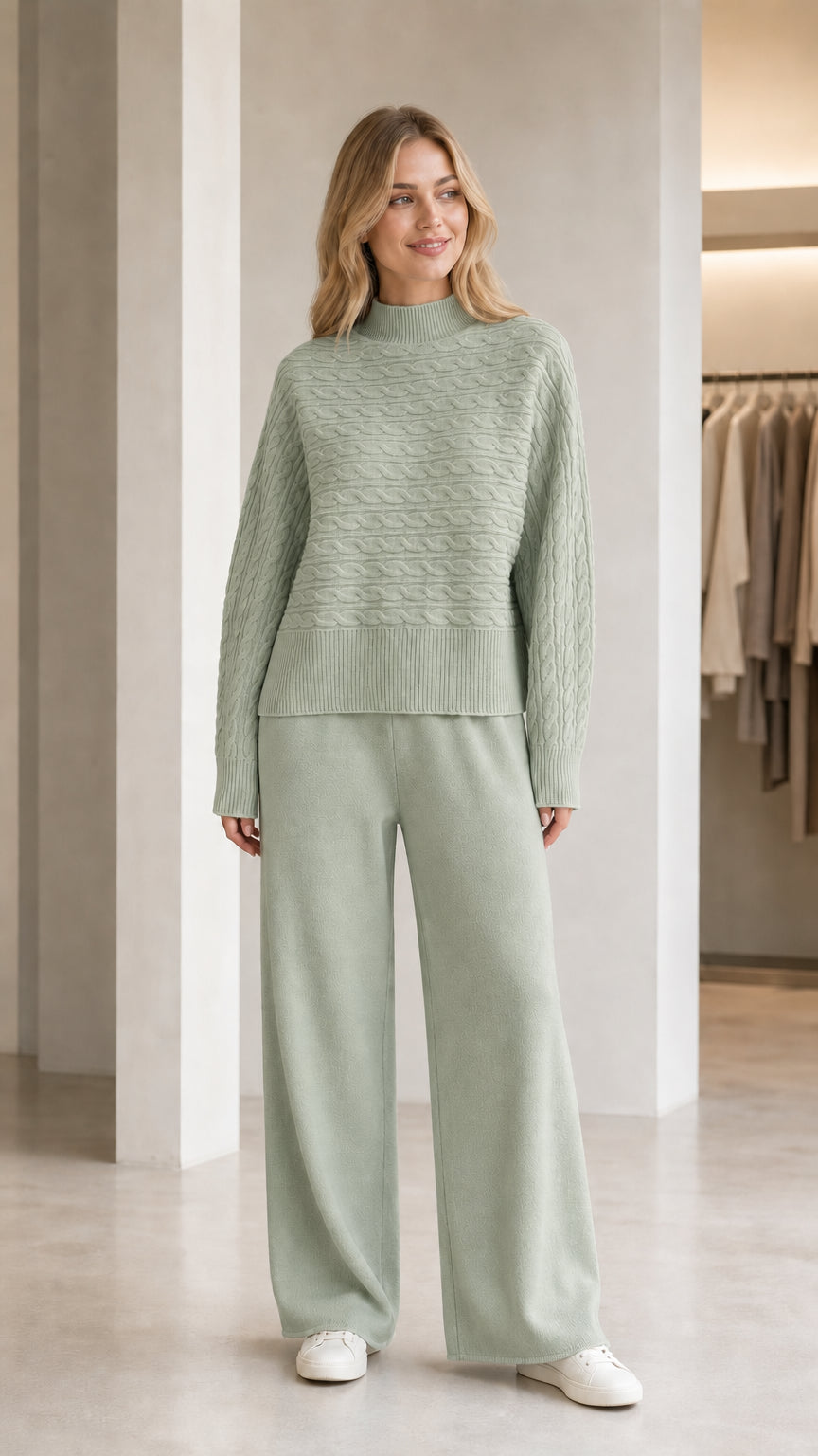 Model wearing sage green mock neck cable knit sweater with matching sage pants