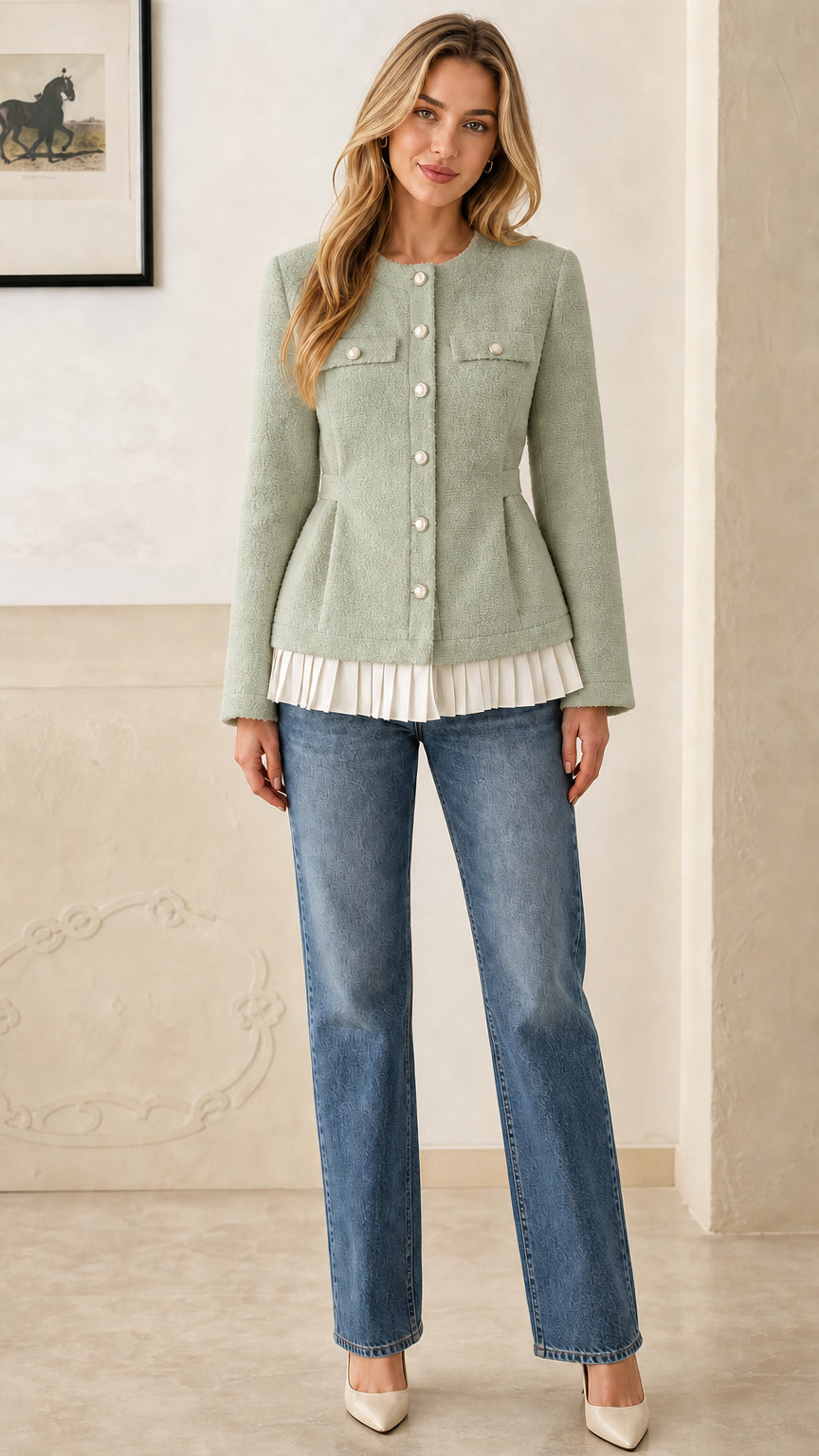 Front view of model wearing sage green tweed peplum jacket with pleated contrast hem