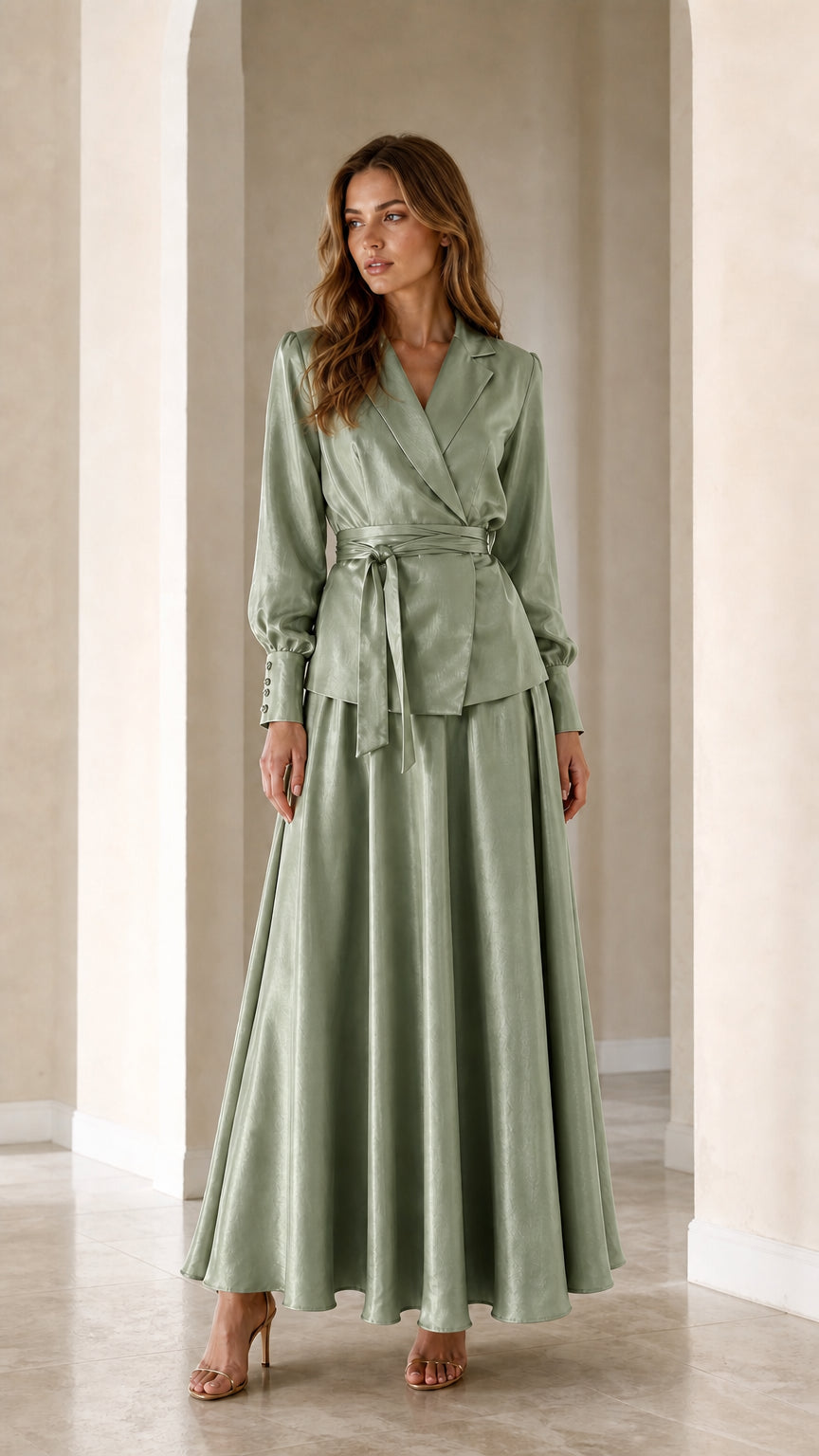 Front full view of woman wearing Sage Green satin wrap blazer and maxi skirt two-piece set