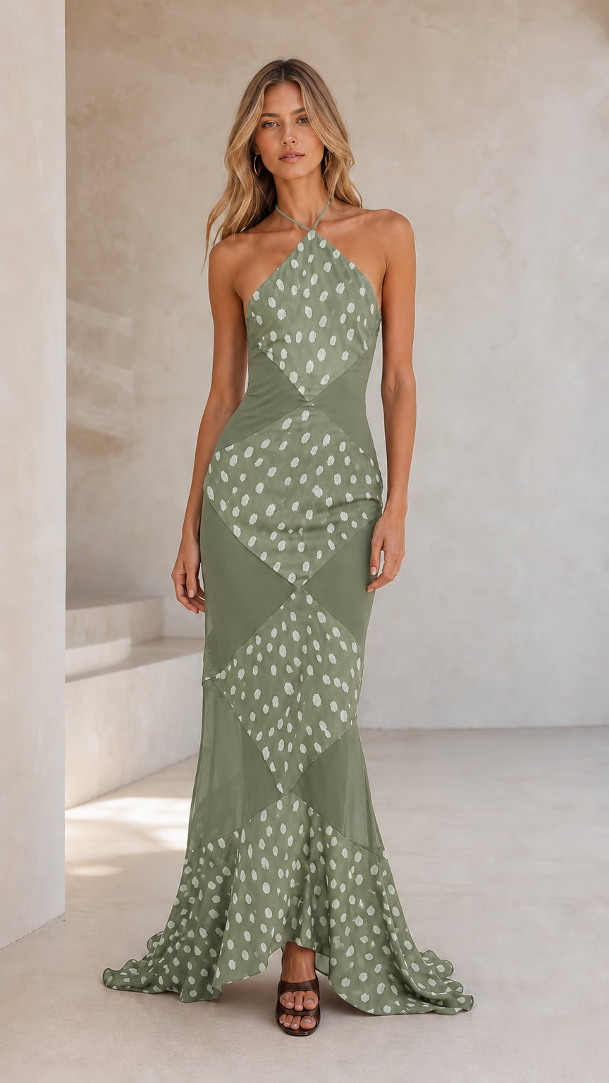 Front view of sage green halter polka dot maxi dress