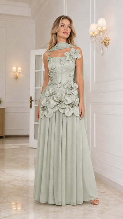 Front view of sage green floral applique corset evening gown
