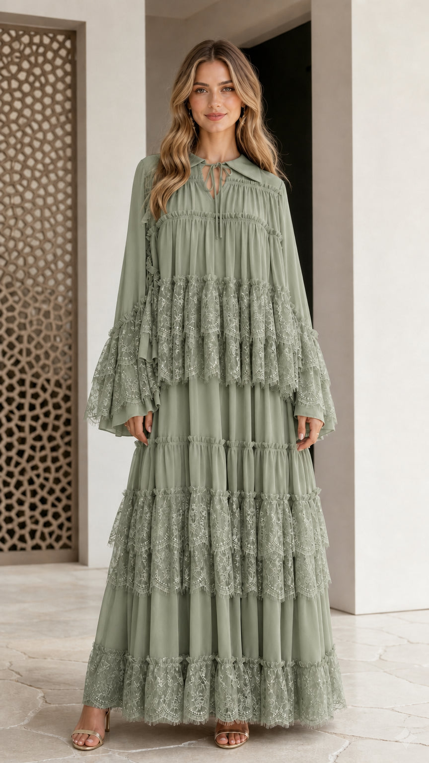 Sage Green tiered lace long sleeve maxi dress front view