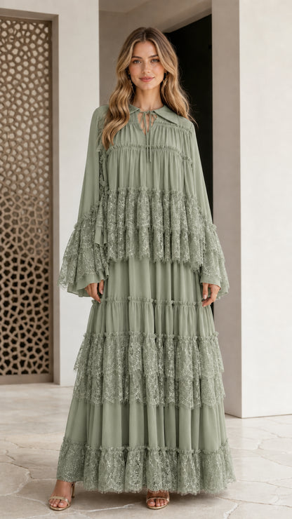 Sage Green tiered lace long sleeve maxi dress front view