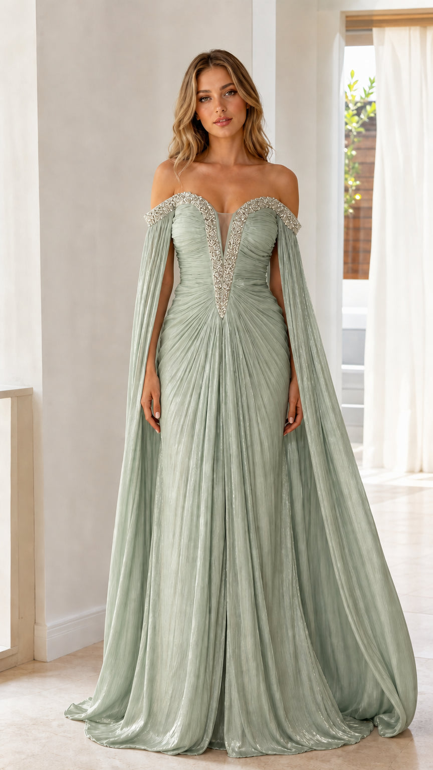 Front view of model wearing sage green off-the-shoulder cape sleeve pleated evening gown