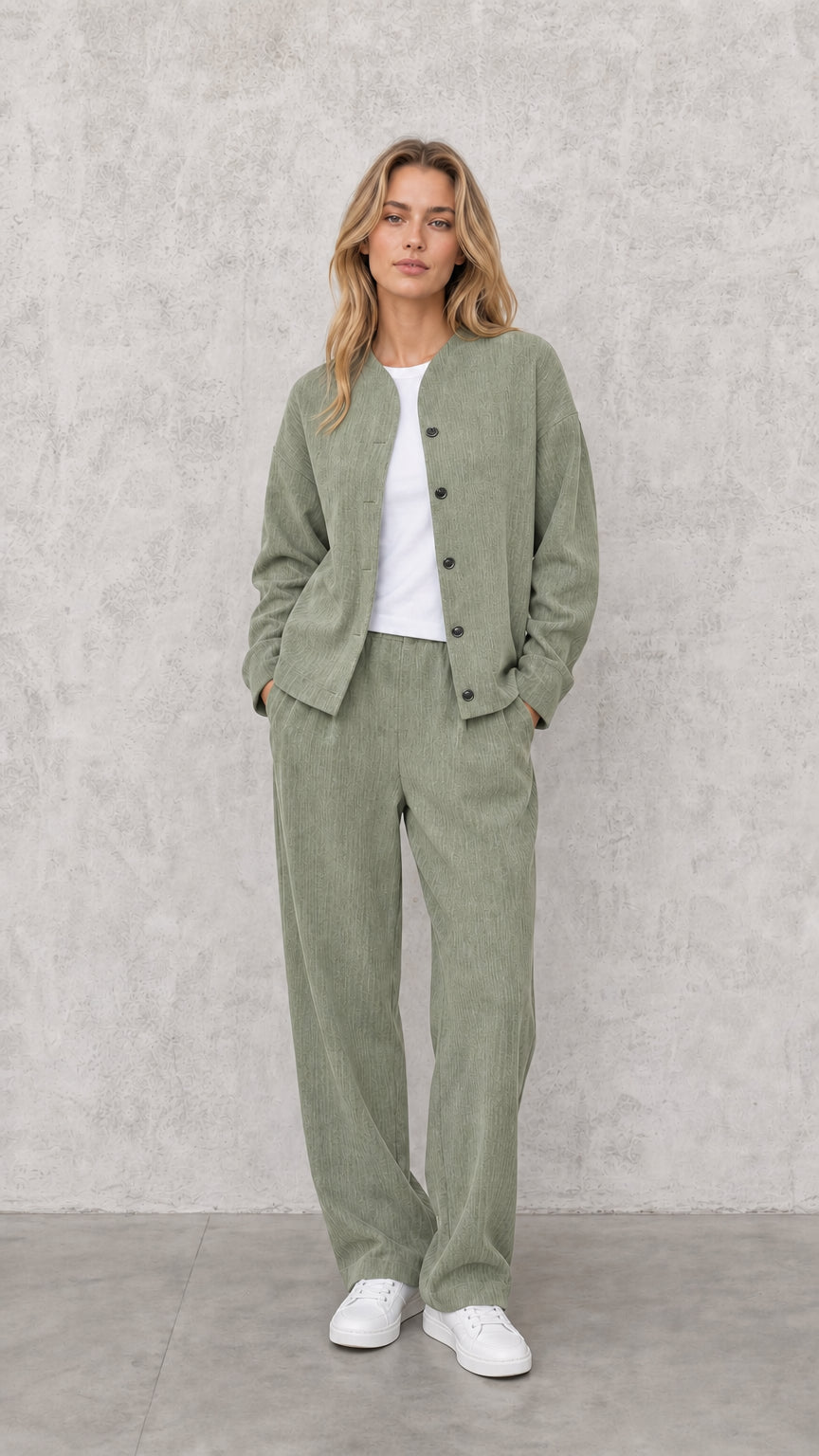 Model wearing Sage Green casual two-piece pant and jacket set