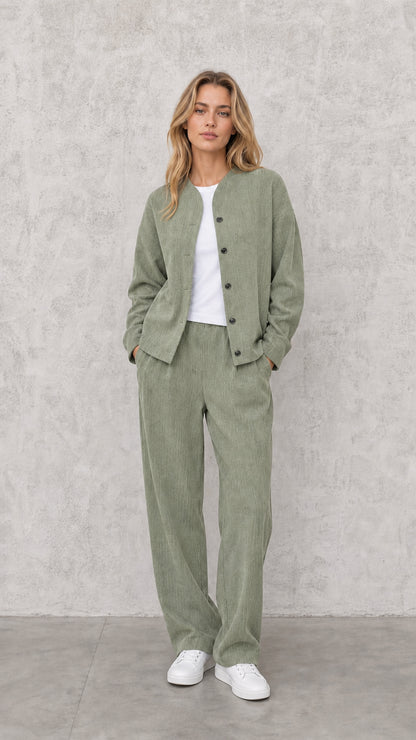Model wearing Sage Green casual two-piece pant and jacket set