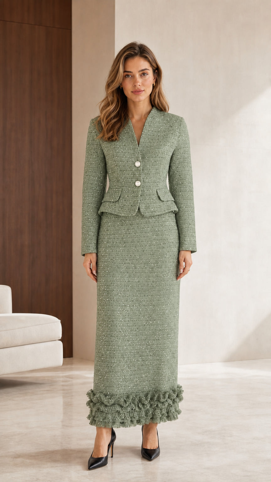 Front view of sage green tweed blazer and maxi skirt set