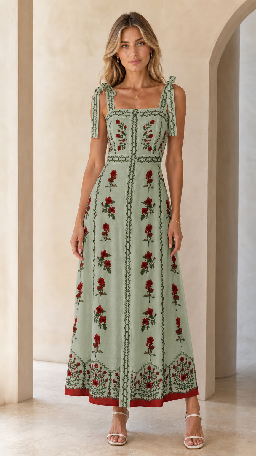 Woman wearing sage green variant of the floral embroidered maxi dress