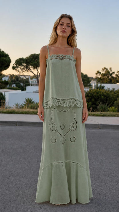 Full outfit view in muted sage green color variant