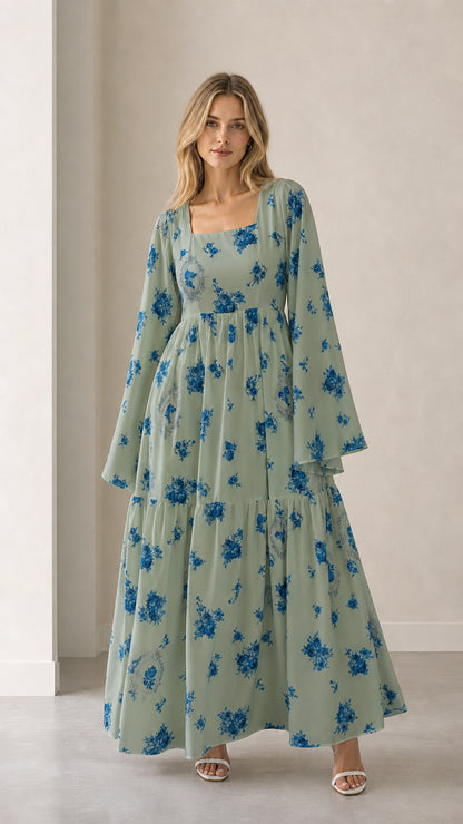 Sage green floral square neck bell sleeve tiered maxi dress