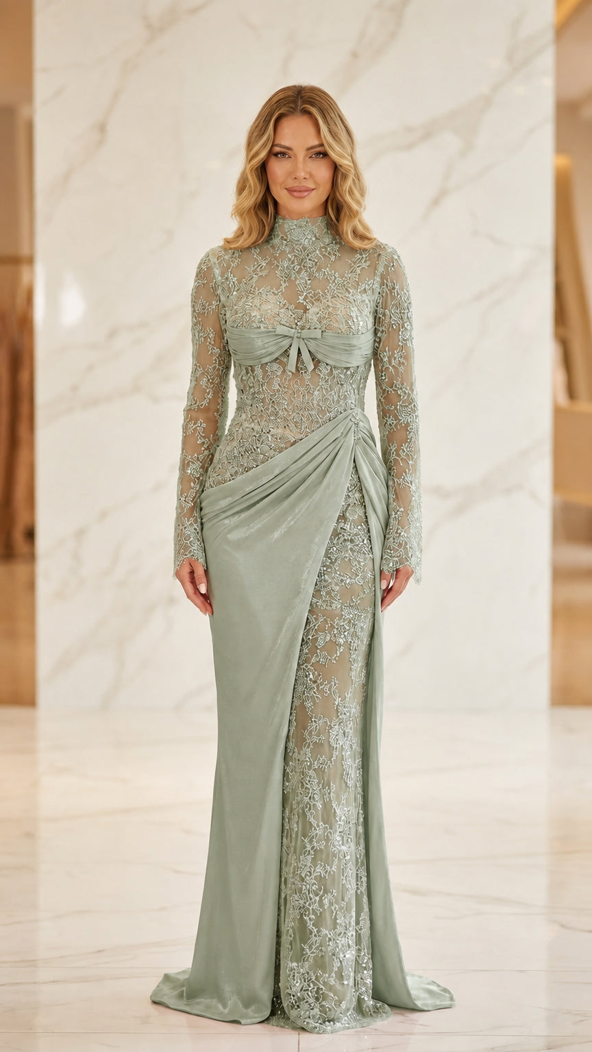 Model wearing sage green lace and satin evening gown