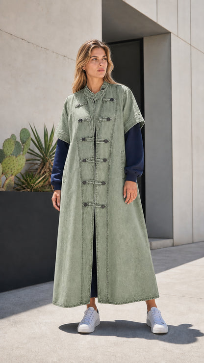 Full front view of sage green denim maxi duster vest coat