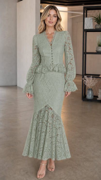 Model wearing sage green long-sleeve lace peplum dress