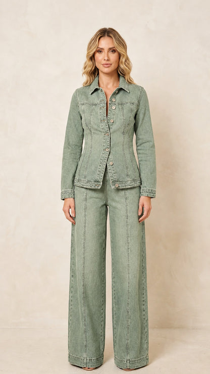 Front view of the women's sage green denim-style jacket and wide-leg pants set