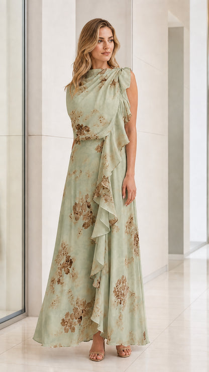 Front view of model in Sage Green floral ruffled maxi dress