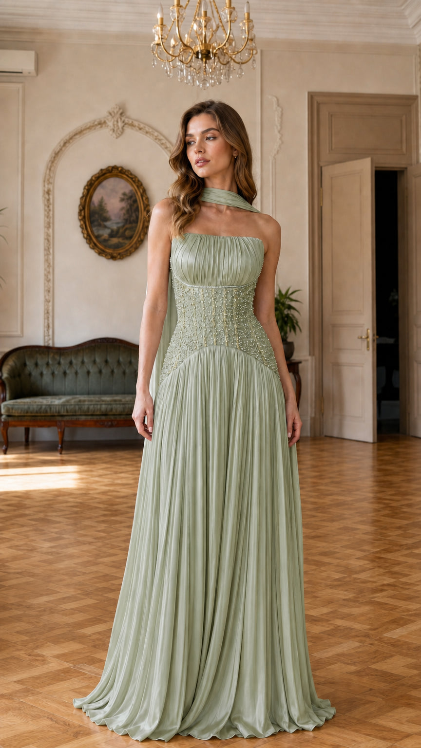 Sage green pleated formal maxi gown with beaded midriff and neck cape