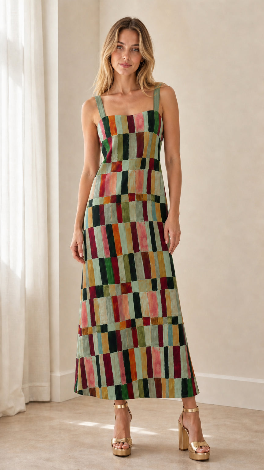 Front view of woman wearing Green Multi geometric square neck sleeveless maxi dress