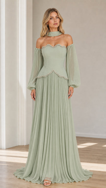 Front view of sage green off-the-shoulder beaded scalloped pleated maxi evening gown
