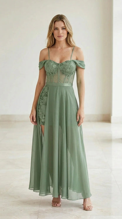 Front view of sage green evening gown