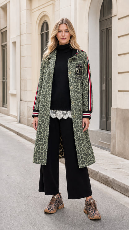 Model wearing Sage Green leopard print longline varsity coat
