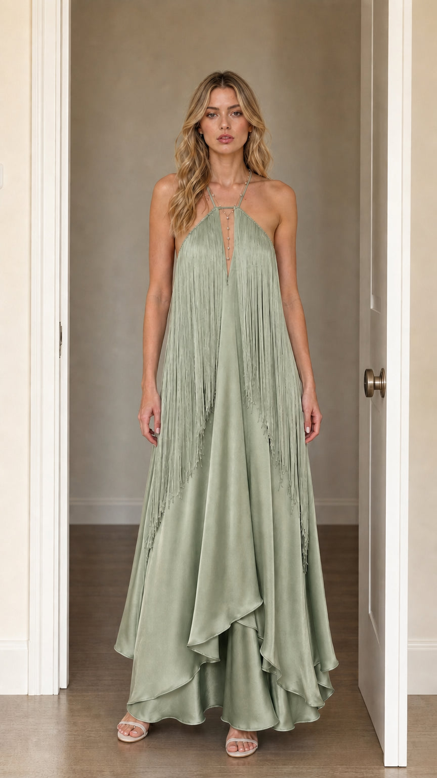 Front view of model wearing Sage Green halter fringe maxi dress