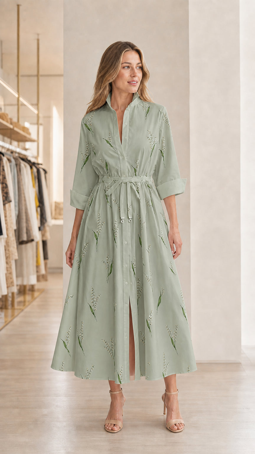 Model wearing sage green floral midi shirt dress