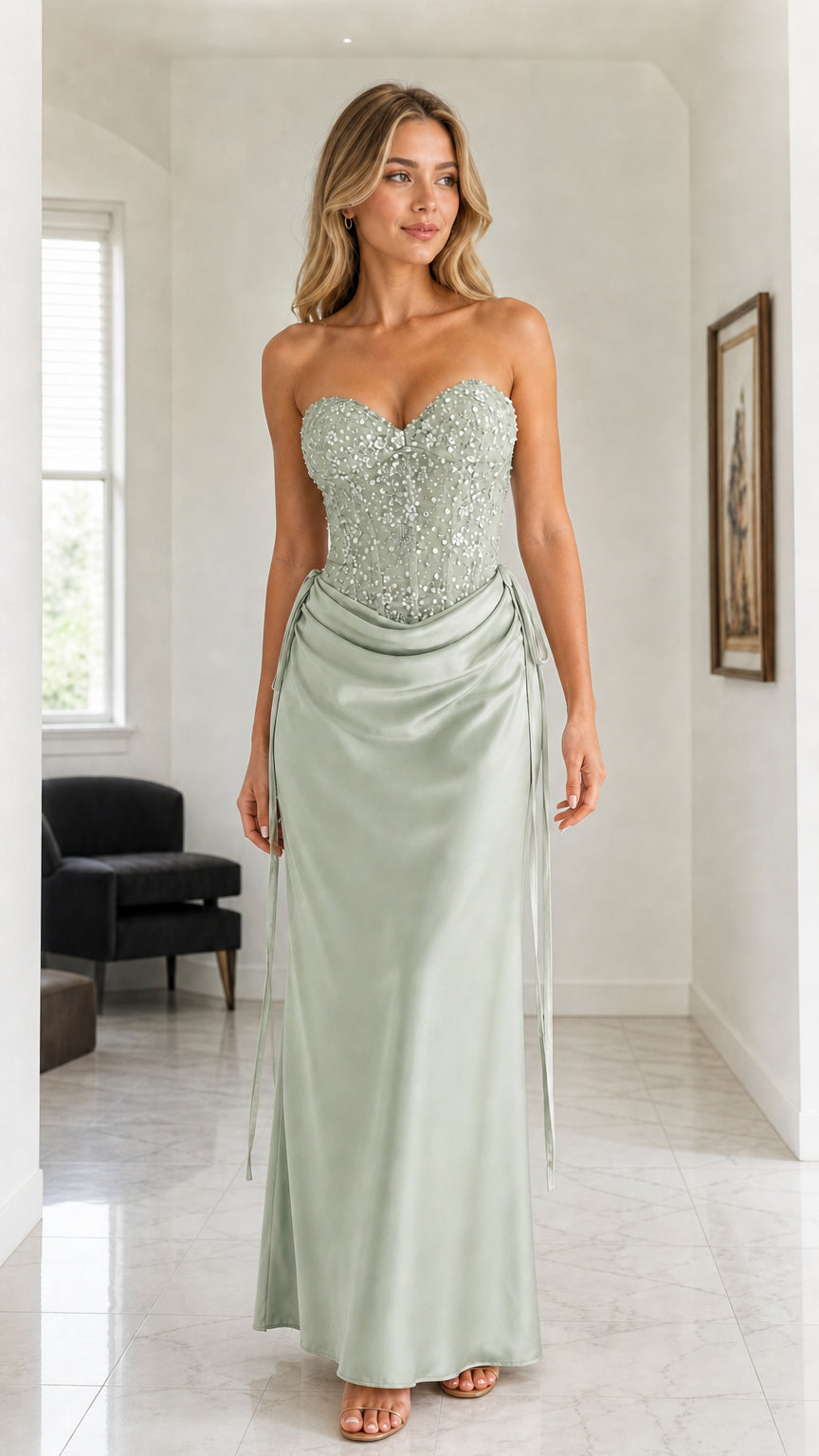 Sage green variant of the sequin corset satin maxi dress