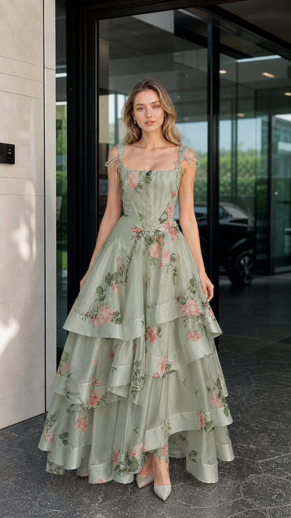 Woman wearing sage green floral tiered maxi dress