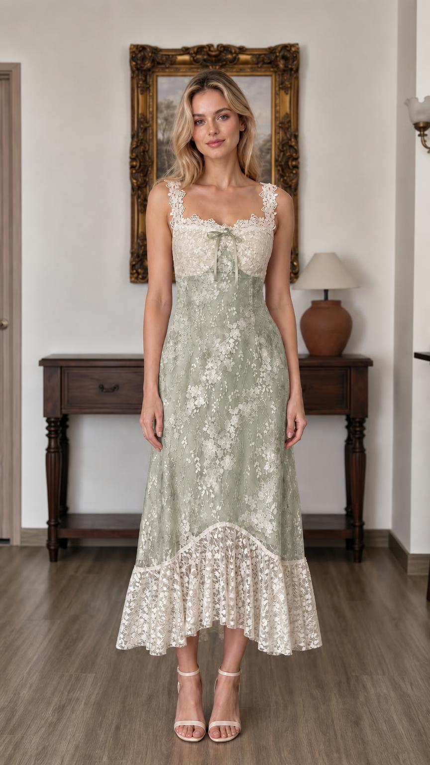 Front view of sage floral lace midi dress