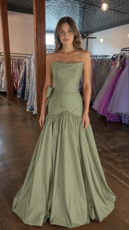 Front view of sage green strapless evening gown