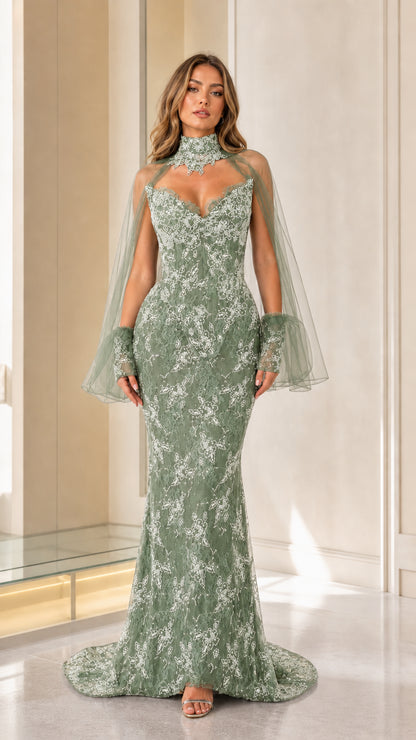 Sage green color variant of beaded lace mermaid evening dress