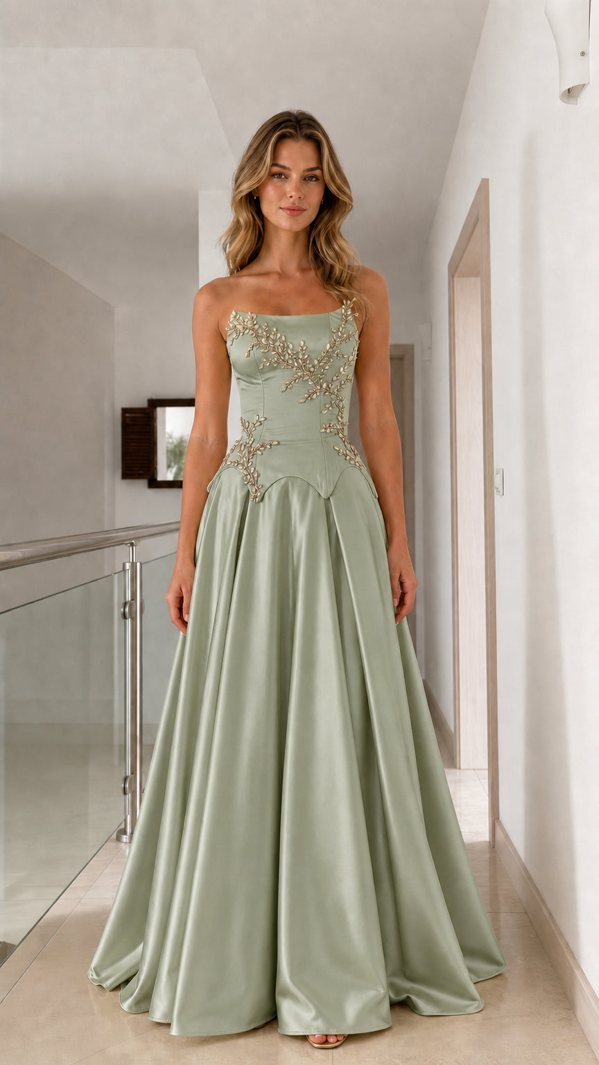 Sage green strapless satin formal gown with crystal waist embellishment