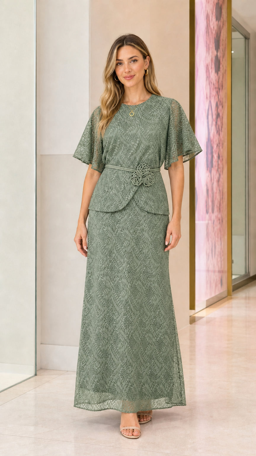 Model wearing sage green lace maxi dress