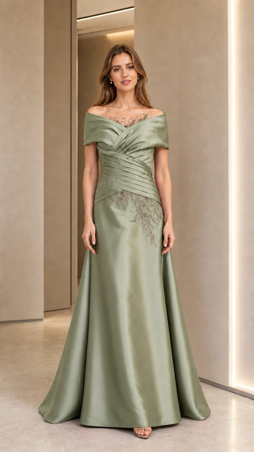 Front view of sage green off-shoulder evening gown