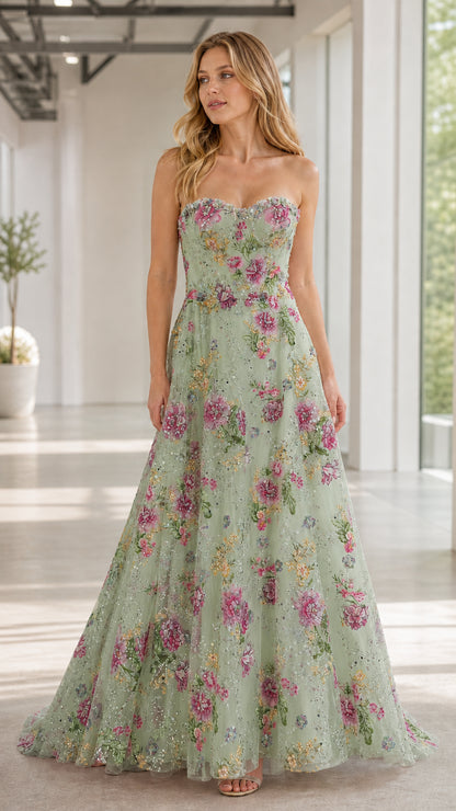 Front view of sage green floral embroidered sweetheart formal dress