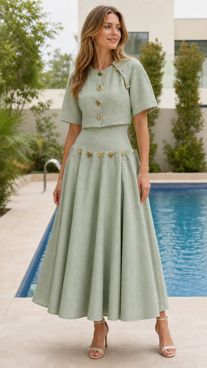 Woman wearing sage green button-detailed crop top and midi skirt set