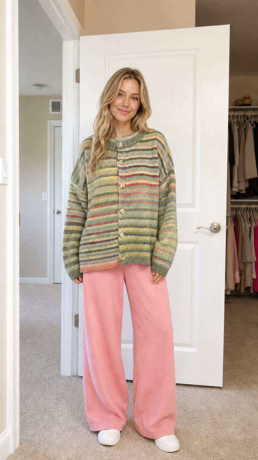 Front view of green-based striped cardigan variant
