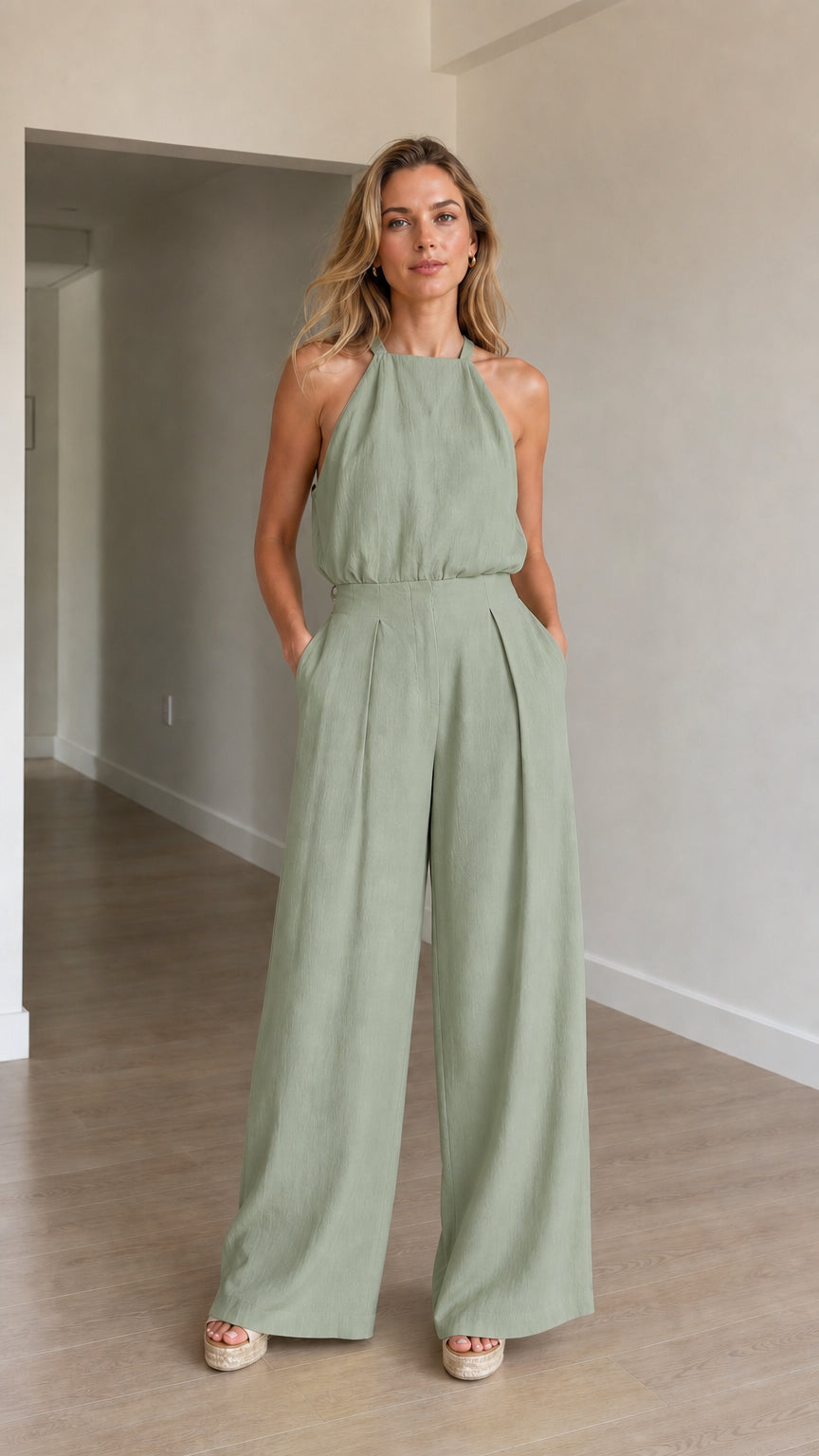 Model wearing sage green halter neck jumpsuit