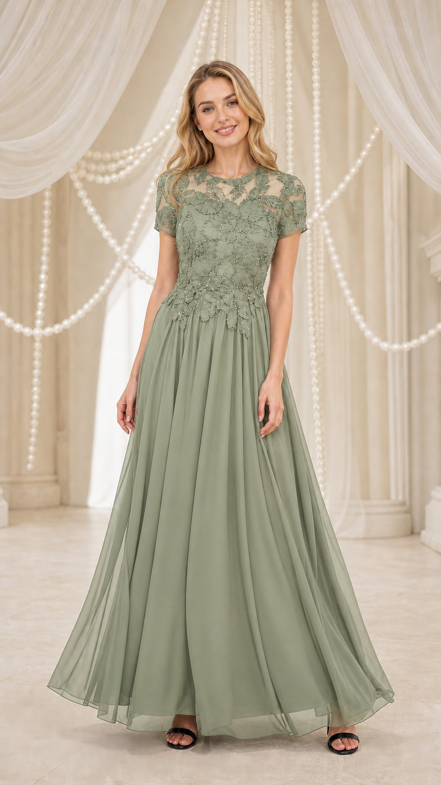 Model wearing sage green lace applique chiffon evening dress