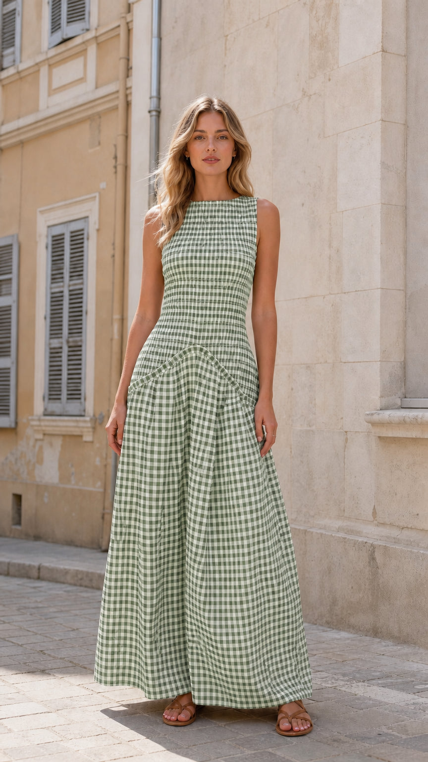 Model wearing green gingham maxi dress