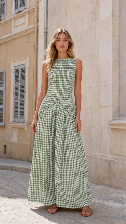 Model wearing green gingham maxi dress