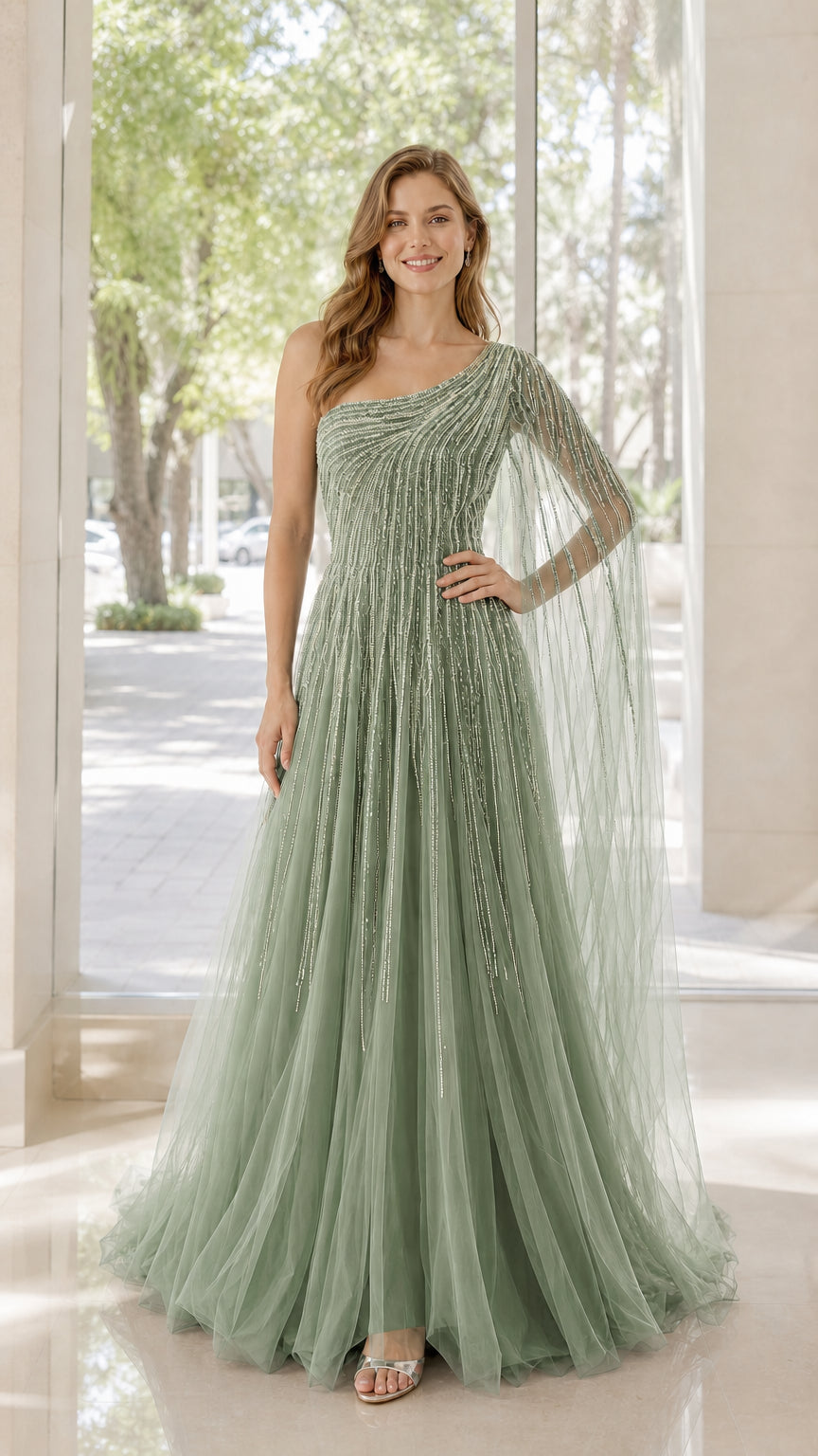 Front view of model wearing green one-shoulder beaded tulle evening dress