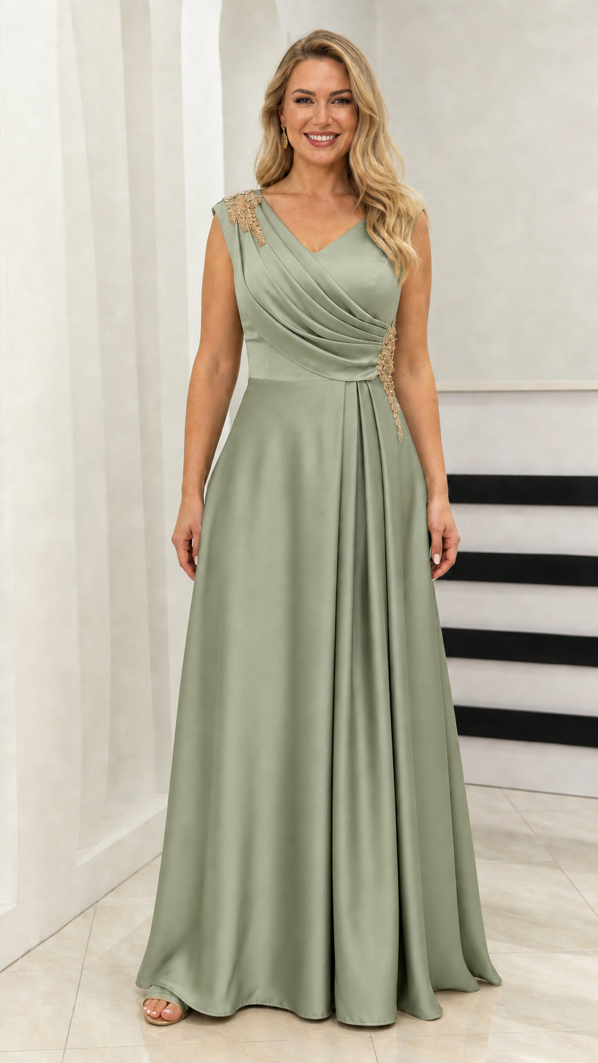 Model wearing sage green V-neck evening dress