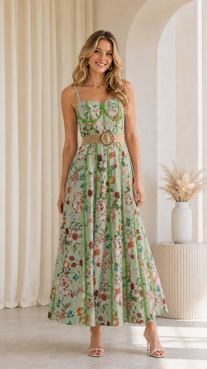 Model wearing sage green floral corset maxi dress